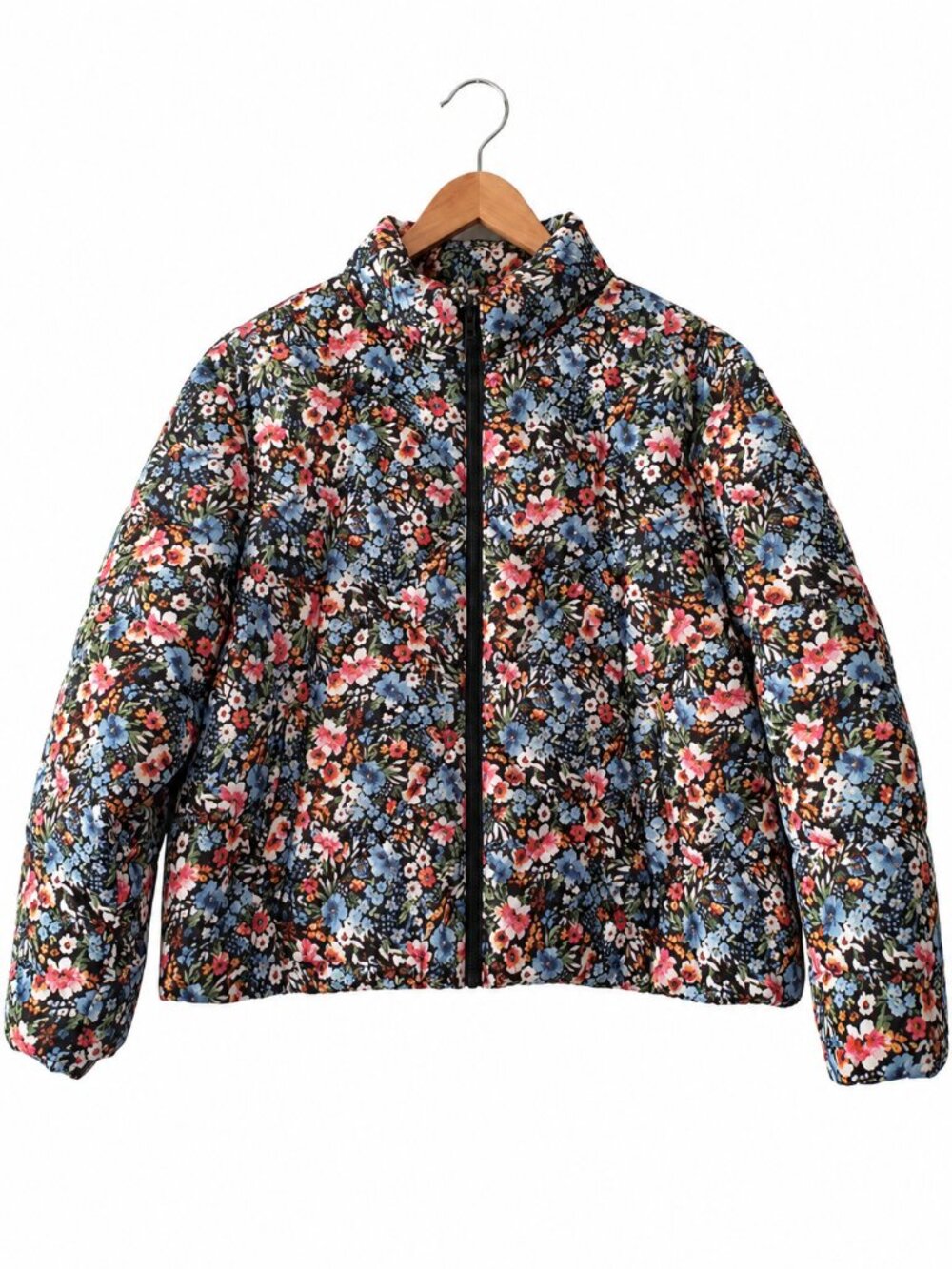 Time and Tru Black Floral Quilted Puffer Zip Jacket Cottagecore Winter 1X